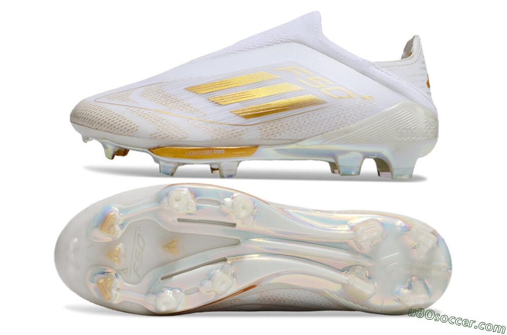 Adidas F50+ Lightstrike Pro Laceless FG Soccer Cleats - White/Gold